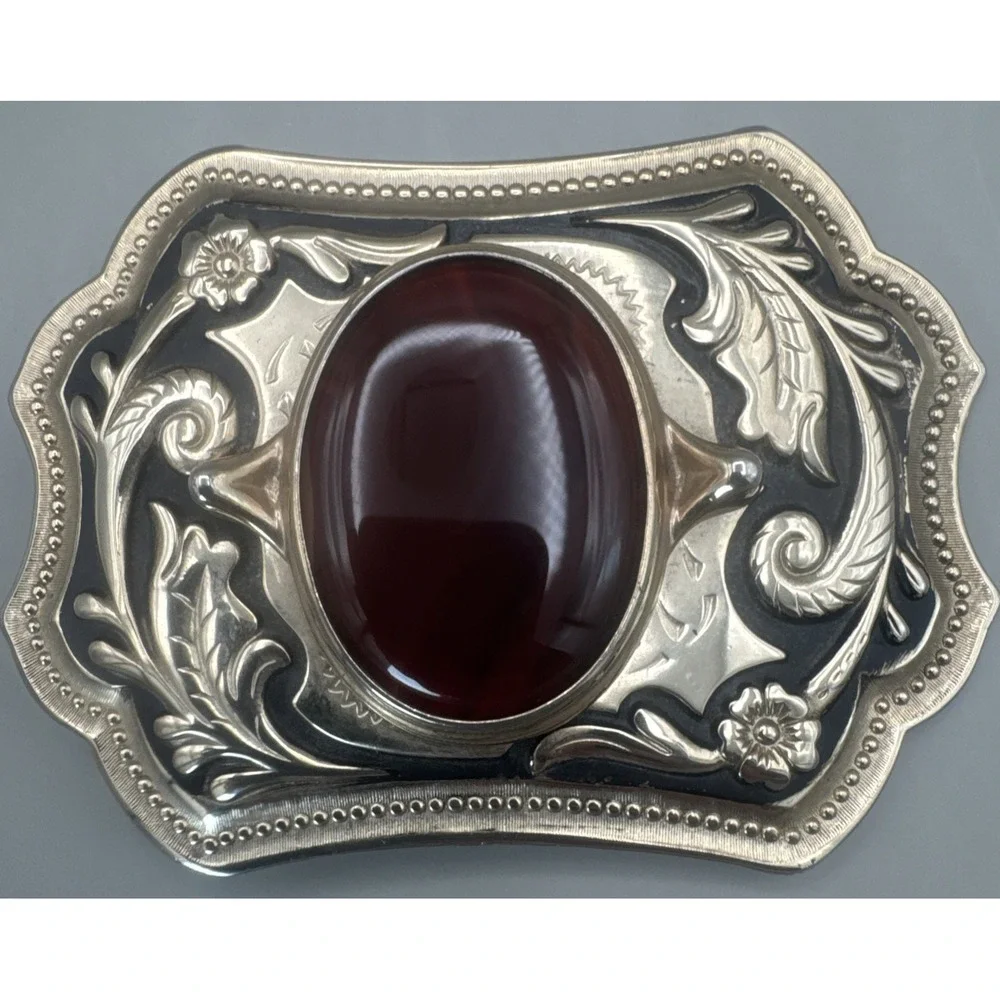 Vintage Western Agate Cabochon Engraved Floral Cowboy Belt Buckle Gold Toned